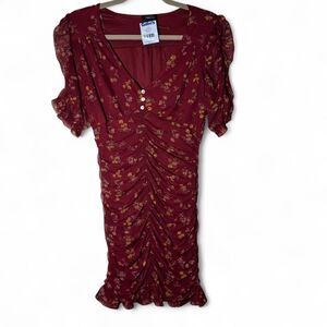 Rue21 Burgundy Yellow Floral Ruched Dress Medium NWT V-Neck Fairy Moody Indie